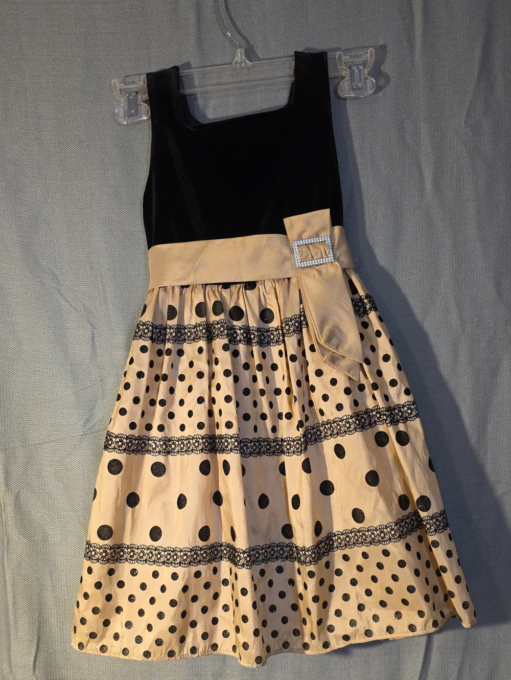 The Children's Place Black Velvet & Cream Polka Dot Dress with Sash